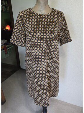 Ann Taylor LOFT Large Shift Dress Navy/Yellow Geometric Pattern Short Sleeve
